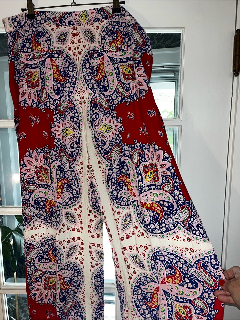Boden Red Paisley Wide-Leg Pants with Navy & Pink Accents